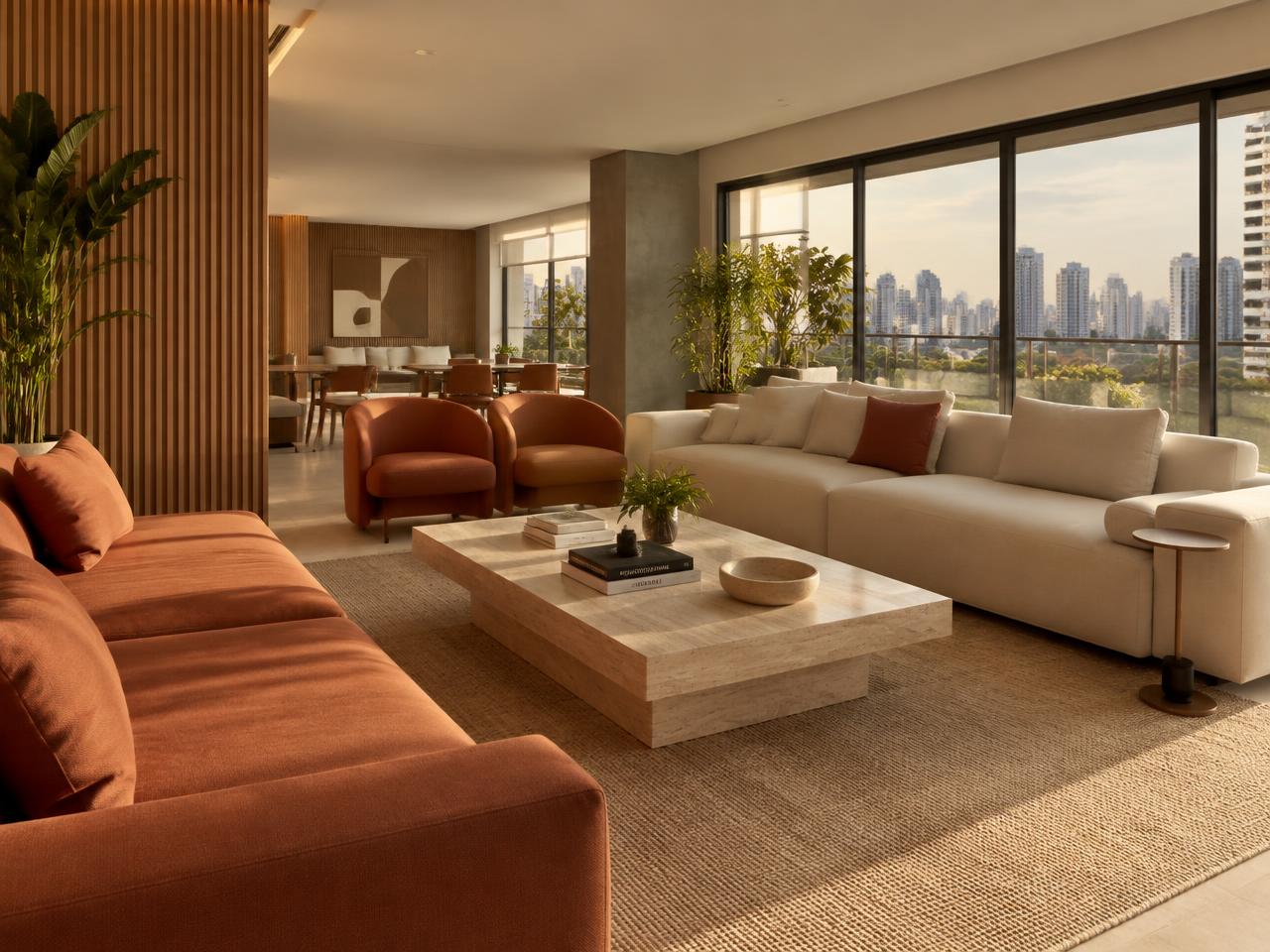 Lounge ilustrativo com sofás em tons terrosos e vista para a cidade
